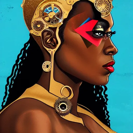 Image similar to side profile of a black woman :: in ocean :: clockwork details :: gold :: blood and horror :: by vikings and Sandra Chevrier