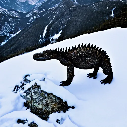 Image similar to photo of an aligator on snowy mountain peak, snow, 50mm, beautiful photo