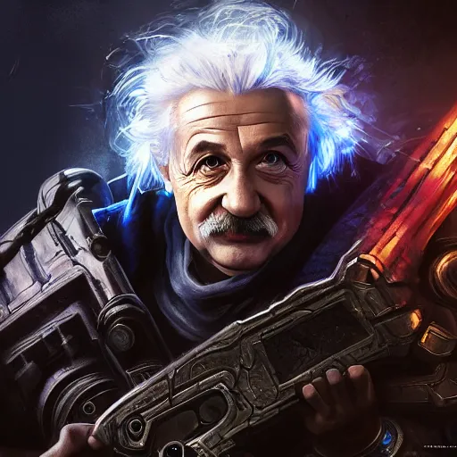 Image similar to Portrait of Albert Einstein, League of Legends amazing splashscreen artwork, Gears of War, splash art,natural light, elegant, photorealistic facial features, intricate, fantasy, detailed face, atmospheric lighting, anamorphic lens flare, cinematic lighting, league of legends splash art, hd wallpaper, ultra high details by Greg rutkowski