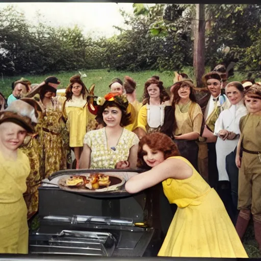 Prompt: an image of a queen with tan skin long rippling cinnamon hair and emerald colored eyes in a medium full shot, vintage historical fantasy 1 9 3 0 s kodachrome slide german and eastern european mix. the queen is pictured attending a barbecue for youth volunteers. she is dressed in a yellow dress paired with floral accessories.