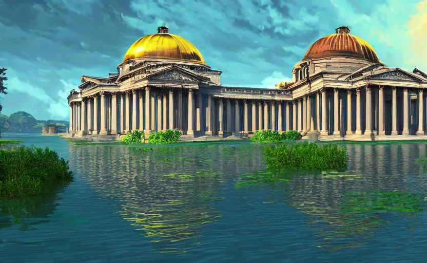 Prompt: neoclassical building with dome in the middle lake. Fantasy and concept art, colorful digital painting, unreal engine.