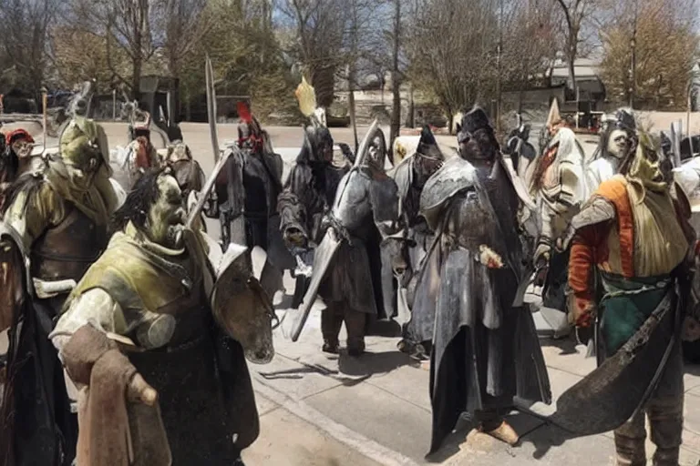 Image similar to cellphone photograph of lord of the rings uruk - hai and orcs protesting the working conditions at a mcdonalds parking lot in the daylight. dirty mcdonalds uniforms, aprons. picket signs and battleaxes in hand