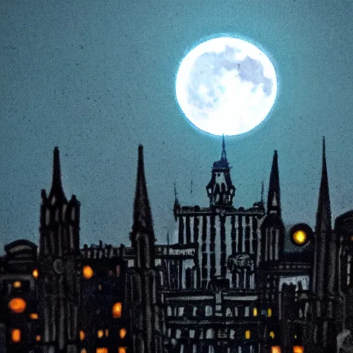 Image similar to full moon engulfed by tentacles over a gothic cityscape.