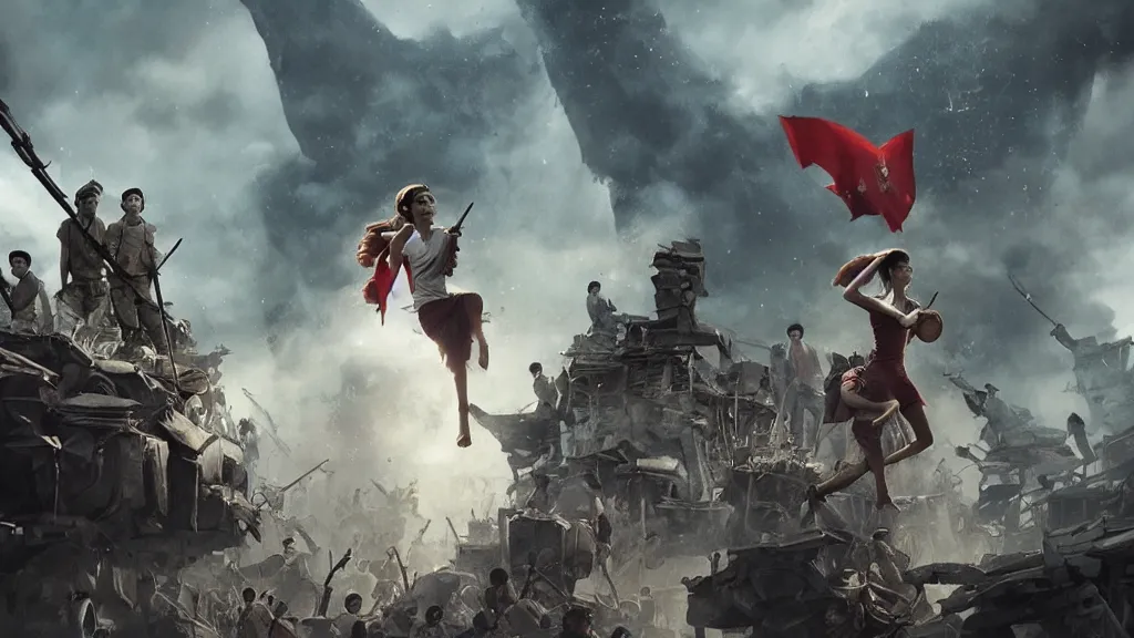 Prompt: A shot from a Films about the Indonesian National Revolution starring emma watson by nuri iyem, james gurney, james jean, greg rutkowski, anato finnstark