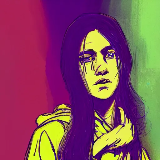 Image similar to girl in yellow hoodie, portrait, illustration, cyberpunk