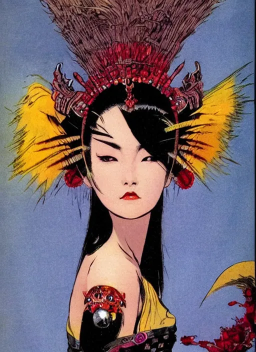 Image similar to mighty female korean vampiress, jeweled headdress, heavy mascara, strong line, saturated color, beautiful! coherent! by frank frazetta, high contrast, minimalism