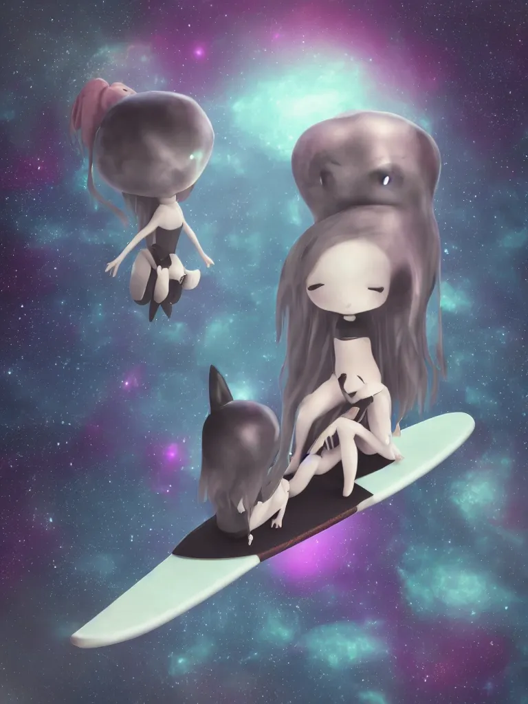 Image similar to cute fumo plush gothic maiden alien girl sitting on a surfboard in the dark galactic abyss, heart eyes, vignette, vray