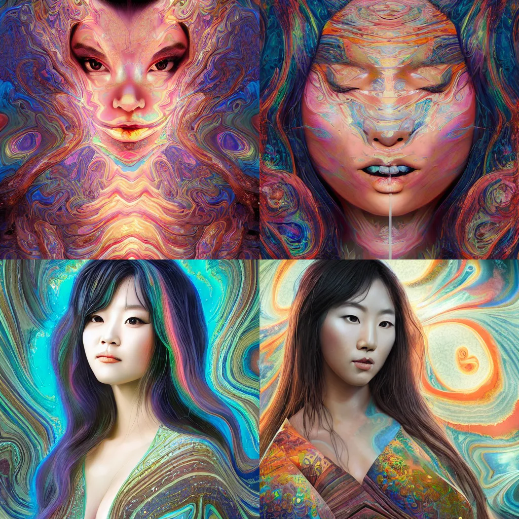 Prompt: a matte painting of a beautiful japanese woman made of stunning double sided koroit patterned boulder opal, paint swirl aesthetic, by Sam Spratt and Dan Mumford, 8k resolution, ultra-high definition, UHD, paint swirls and phyllotaxis, metal, marble, and wood materials