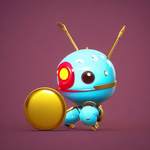 Prompt: a small chubby bot, colourful, smooth panelling, one large gold eye intricate detail, style of pokemon, with damaged rusty arms, broken antenna, recycled, floating, white studio, oil, mechanical, cute toy, ambient light, in the style of pixar animation, pokedstudios, blender, octane render, 8 k,