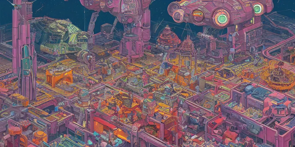 Image similar to a colorful futuristic marketplace, Industrial Star Wars Scifi, detailed illustration, character design, intricate, by Martin Grip, Wes Anderson, hieronymus bosch and Moebius