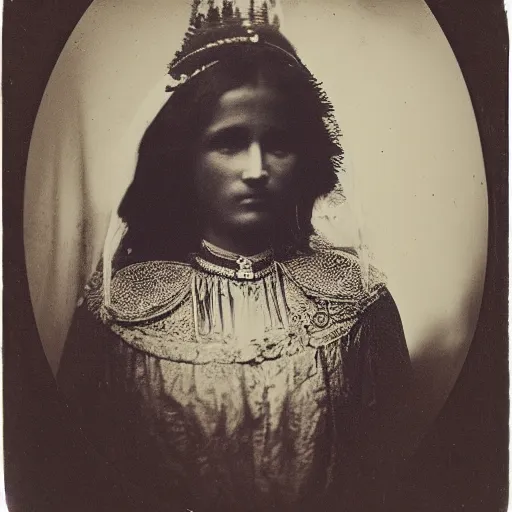 Image similar to daguerreotype ambrotype of an ative american high extremely beautiful priestess very intricate, highly detailed