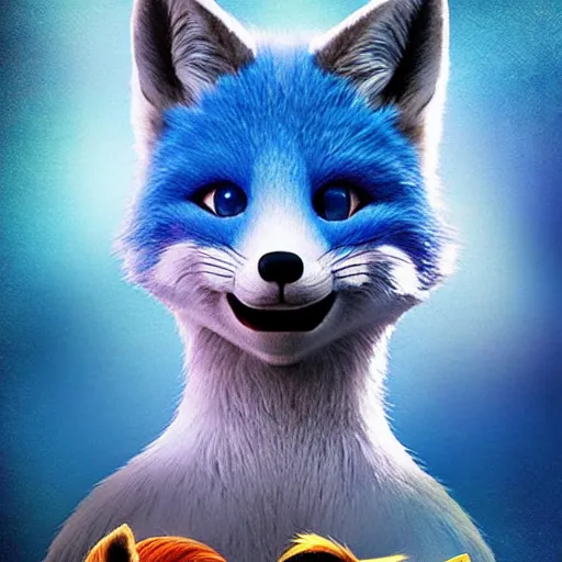 Image similar to realistic movie poster, featuring in anthropomorphic blue male foxes dressed cool, promotional movie poster print