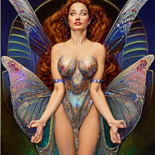 Prompt: masterpiece neoclassicist full body renaissance portrait of sofia vergara an art deco fairy queen, glowing eyes. reflective detailed textures, iridescent moth wings, highly detailed fantasy science fiction painting by moebius and norman rockwell and donato giancola and jean delville, elaborate geometric ornament, ancient runes, silver and cool colors. artstation
