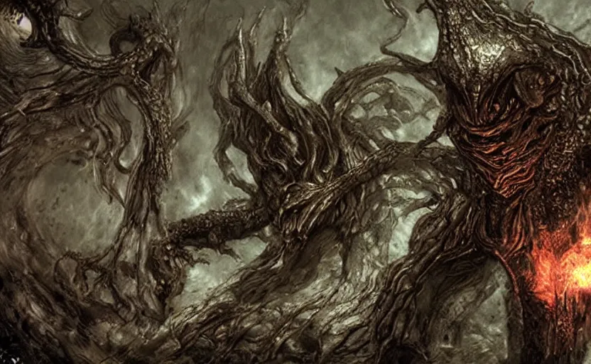 Prompt: the scariest eldritch horror to have ever been added to Dark Souls, impossible to beat at least due to the sheer helplessness you feel when facing this boss