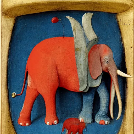 Image similar to elephant, red white blue, hieronymus bosch