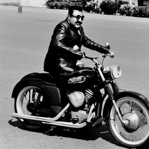 Prompt: professional autochrome photo of chilean president salvador allende riding a harley davidson motorcycle, wearing a leather jacket, low angle