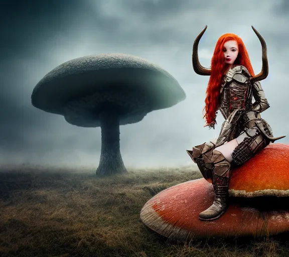 Image similar to a photo of an armored woman warrior redhead with antlers sitting on a giant mushroom that covers a whole village and reaches above the clouds by luis royo. intricate. lifelike. soft light. sony a 7 r iv 5 5 mm. cinematic post - processing