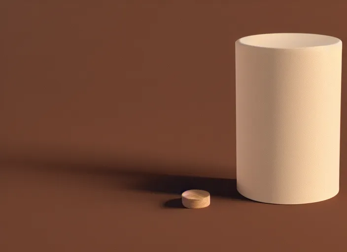 Image similar to realistic catalogue store photo of a a wooden cylinder on a neutral brown background, neutral colors, neutral lighting, octane render, 4 k