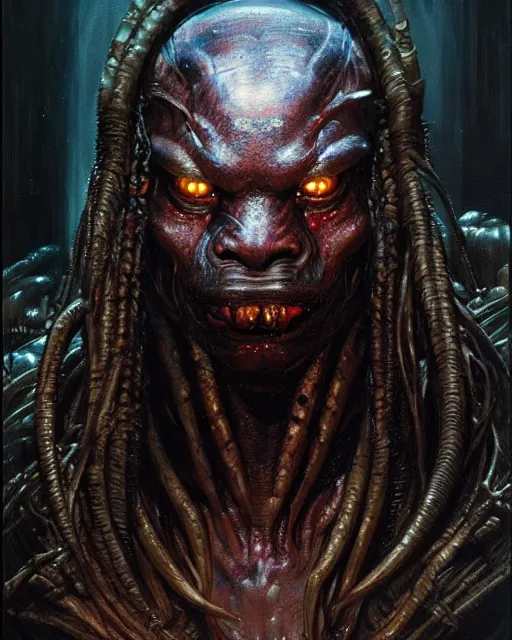 Image similar to a portrait of the predator fantasy character portrait, ultra realistic, cinematic, concept art, wide angle, intricate details, hologram, highly detailed by greg rutkowski, wayne barlowe, aaron horkey, gaston bussiere, craig mullins, simon bisley, arthur rackham