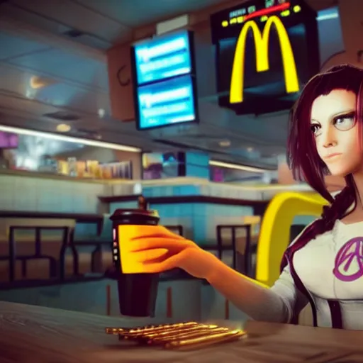 Image similar to a cute cyberpunk girl working in a mcdonaldpunk fastfood restaurant