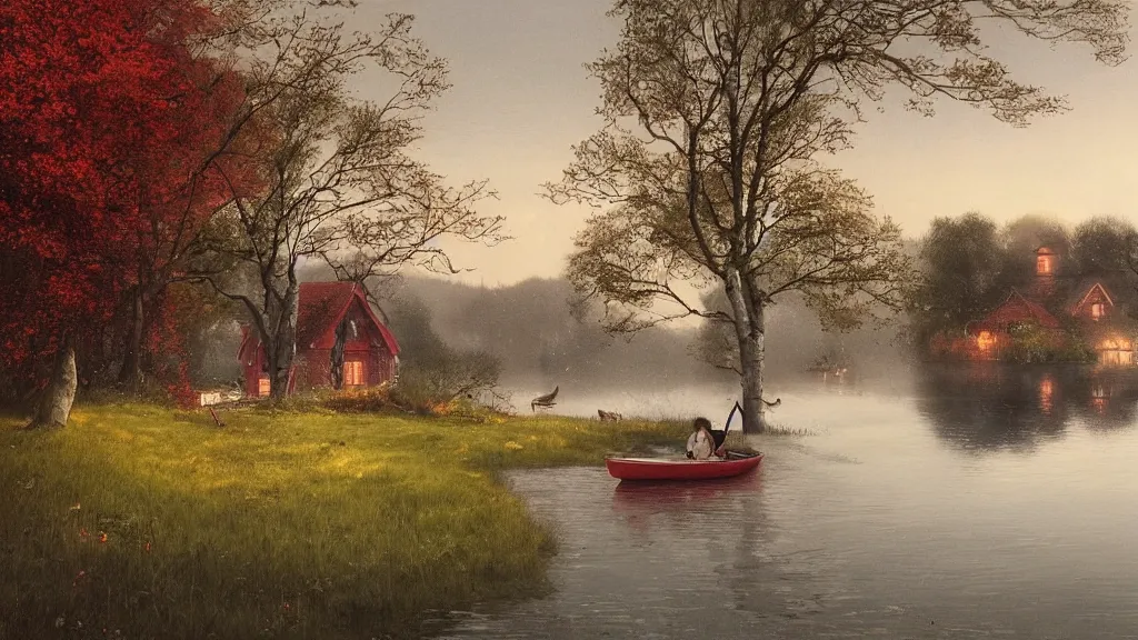 Image similar to small red wooden cottage by the lake, lanterns in the front of the cottage, smoke coming out of the chimney, dusk, birch trees, tranquility, two swans swimming in the lake, a rowing boat, by Greg Rutkowski, by Charlie Bowater