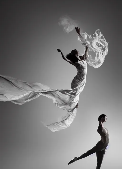 Prompt: a photorealistic dramatic hyperrealistic render of a glamorous beautiful female smoke dancer by ken brower and deborah ory of nyc dance project, lois greenfield, flowing cloth and smoke, beautiful dynamic dramatic dark moody lighting, volumetric, shadows, cinematic atmosphere, octane render, 8 k