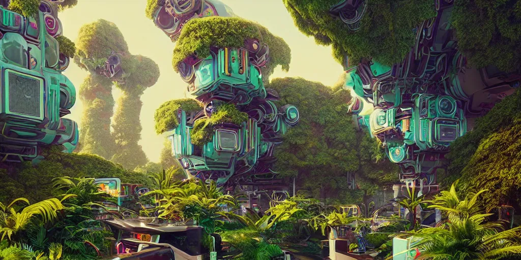 Image similar to 80s futuristic outdoor retro arcade, desolate, lush vegetation:: by beeple and James Gilleard and Justin Gerard :: ornate, dynamic, particulate, intricate, elegant, highly detailed, centered, artstation, smooth, sharp focus, octane render, 3d