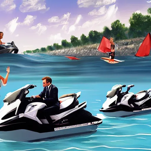 Image similar to photography, emmanuel macron driving a jetski, next to brigitte macron swimming, ultra realistic, concept art, intricate details, highly detailed, photorealistic