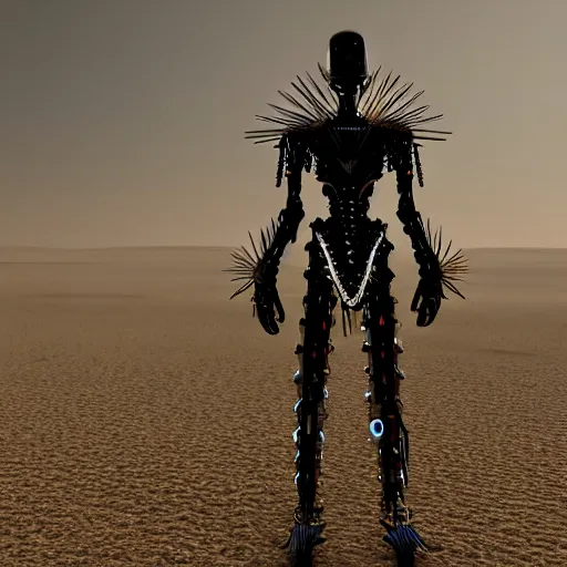 Prompt: a scary cyborg with long spikes walking in the desert, photorealistic, symmetrical 4k