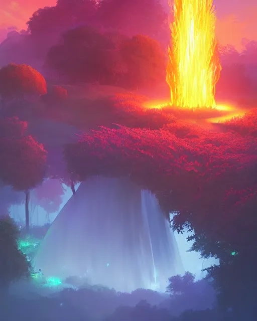 Image similar to earth fountain organic overgrowth, flowers, halo of light, photorealism, fire and water, liquid smoke, artstation, sylvain sarrailh