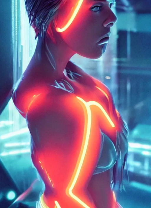 Prompt: a sensual caucasian female humanoid with freckles, cyber neon lighting, futurism, intricate futuristic jewelry accessories, cyberpunk swimsuit, profile posing, hyper photorealistic, crispy quality, digital photography, trending in artstation, trending in pinterest, cinematic, 4 k ultra hd, art by pascal blanche, art by greg rutkowski,