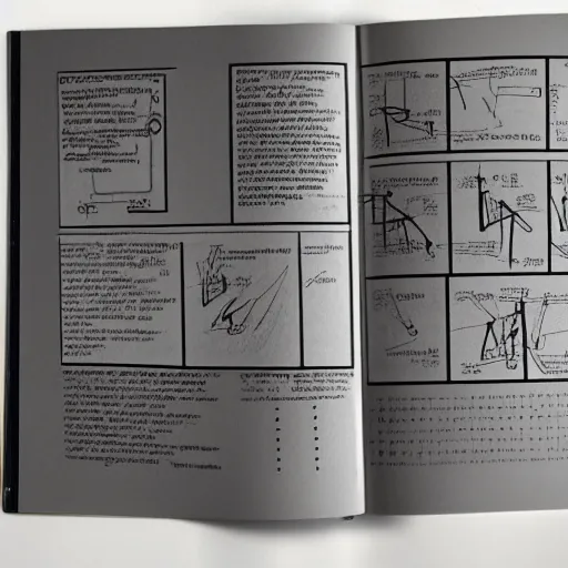 Prompt: photo of an open technical diagram book from the 9 0 s : : scribbles over the pictures : :