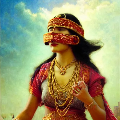Prompt: detailed full body of hindu traditional woman blindfolded by high - tech vr headset and walking on thin bridge in sky, girl graceful,, painting by gaston bussiere, craig mullins, j. c. leyendecker, lights, art by ernst haeckel, john william godward, hammershøi,,