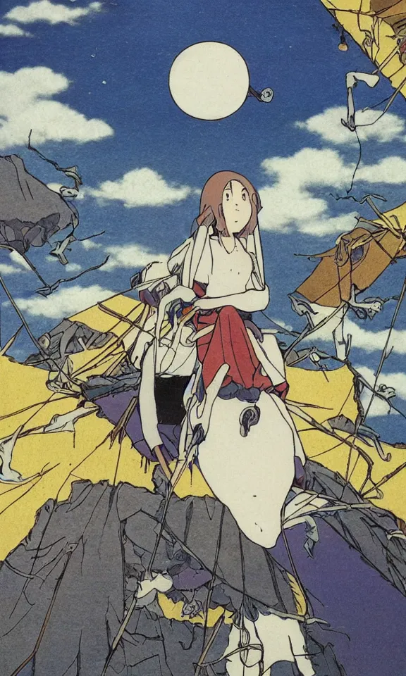 Prompt: Extremely beautiful tarot card, by Hayao Miyazaki, Studio Ghibli, anime, manga. Heart pierced by three swords. Dark clouds gathering in the background. Heartbreak, emotional pain, sorrow, grief, hurt, Negative self-talk, releasing pain, optimism, forgiveness