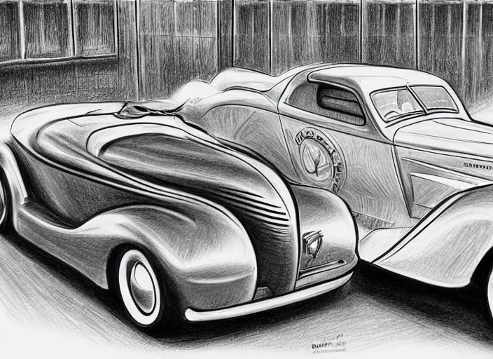 Prompt: concept non - coloring pencil drawing of a classic car from the 1 9 4 0's combined with a new car from 2 0 1 0..