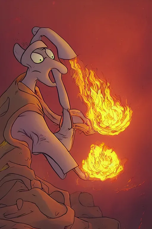 Prompt: squidward firebending outside at susnset, art by [ [ moebius ] ]