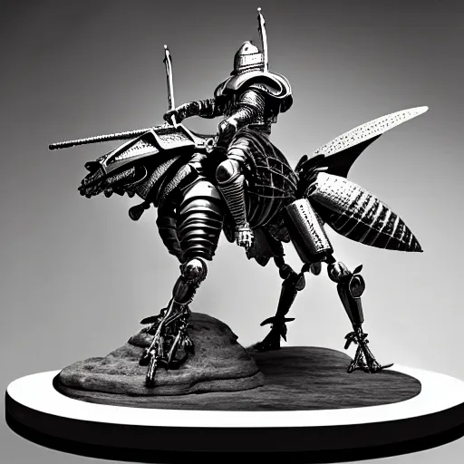 Prompt: A cyber knight riding on a giant beetle, highly detailed, fantasy, highly detailed supercomplex and intricate digital clay sculpture, ambient lighting, product photo studio lighting