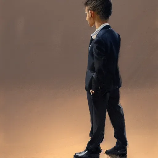 Image similar to oil painting of a man in a suit indifferent to an orphan boy who asks, by greg rutkowski, artstation