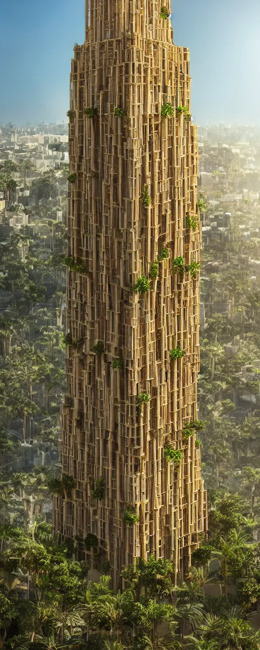 Image similar to photorealistic photo a contemporary babylon tower, golden intricate details, stone facade, sacred ancient architecture, lush hanging gardens, cascading highrise, arid mountains with lush palm forest, sunlight, post - production, octane, cgi, sfx