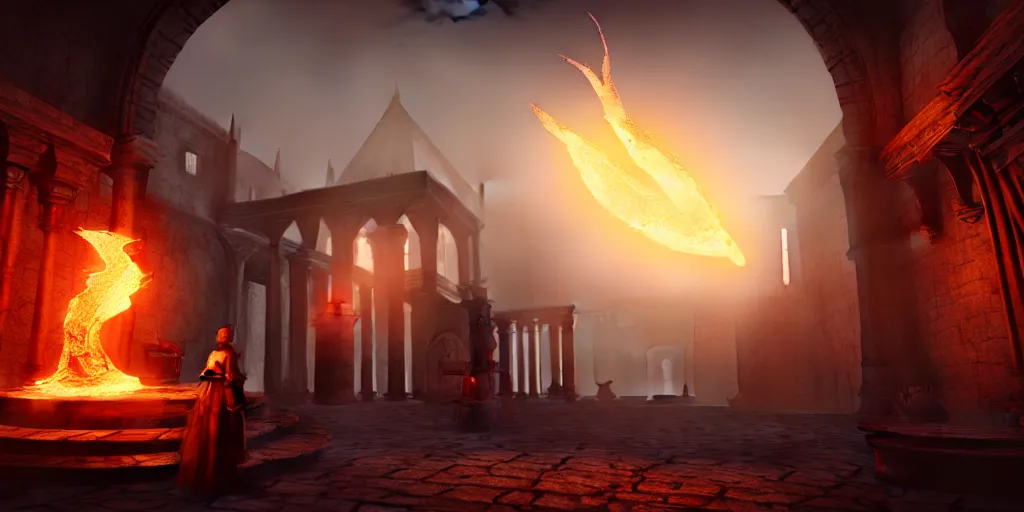 Image similar to A view of a mage casting fireball in Elizabethan era town, foggy, ruins, hyperdetailed, concept art, cinematographic, wide angle camera, unreal engine