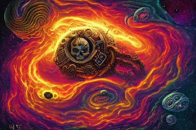 Image similar to a giant skull with deep and intricate rune carvings and glowing eyes with thick lovecraftian tentacles emerging from a space nebula by dan mumford, twirling smoke trail, a twisting vortex of dying galaxies, digital art, photorealistic, vivid colors, highly detailed, intricate