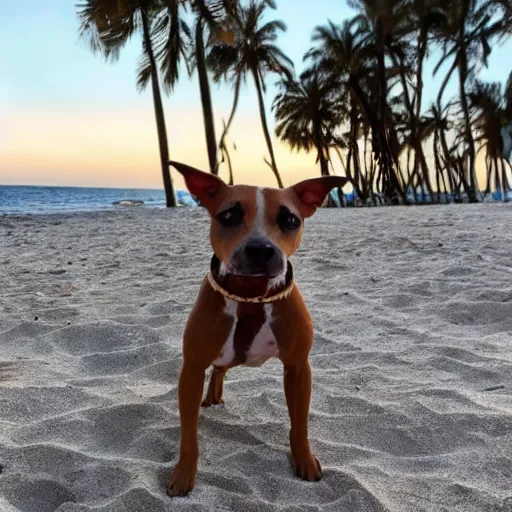 Image similar to an american pitpull terrier on an island beach with palm trees in the background