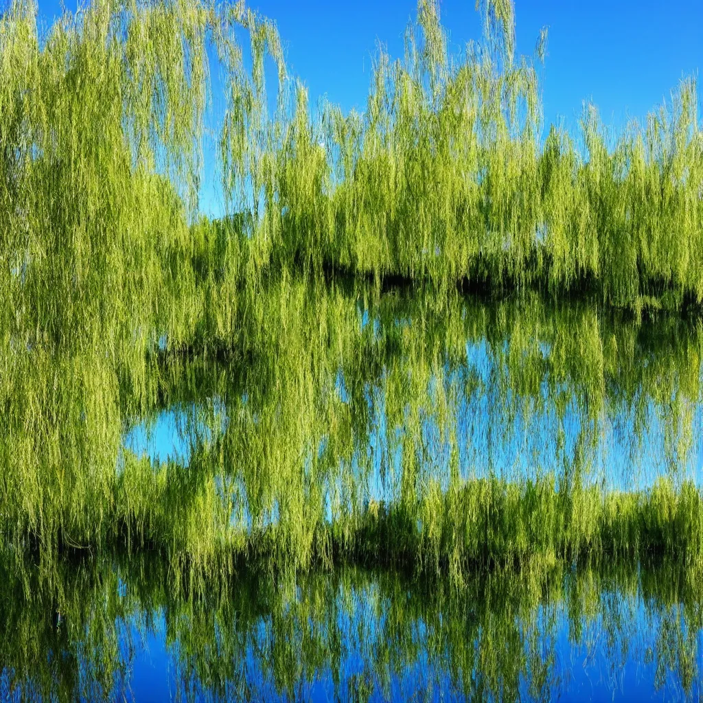 Image similar to beautiful pond seen at water level willow trees and blue sky reflecting in the water