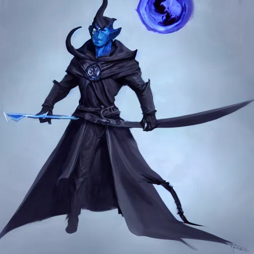 Image similar to D&D character concept art of a cloaked tiefling, tiefling rogue, blue skin color with short horns and a devil tail, fighting pose of a Rogue holding daggers, black cloak hidden in shadows, full body pose, soft colors, fantasy, intricate, elegant, highly detailed, digital painting, artstation, concept art, smooth, sharp focus, illustration, wide angle shot, full body visible, art by artgerm and H R Giger and alphonse mucha