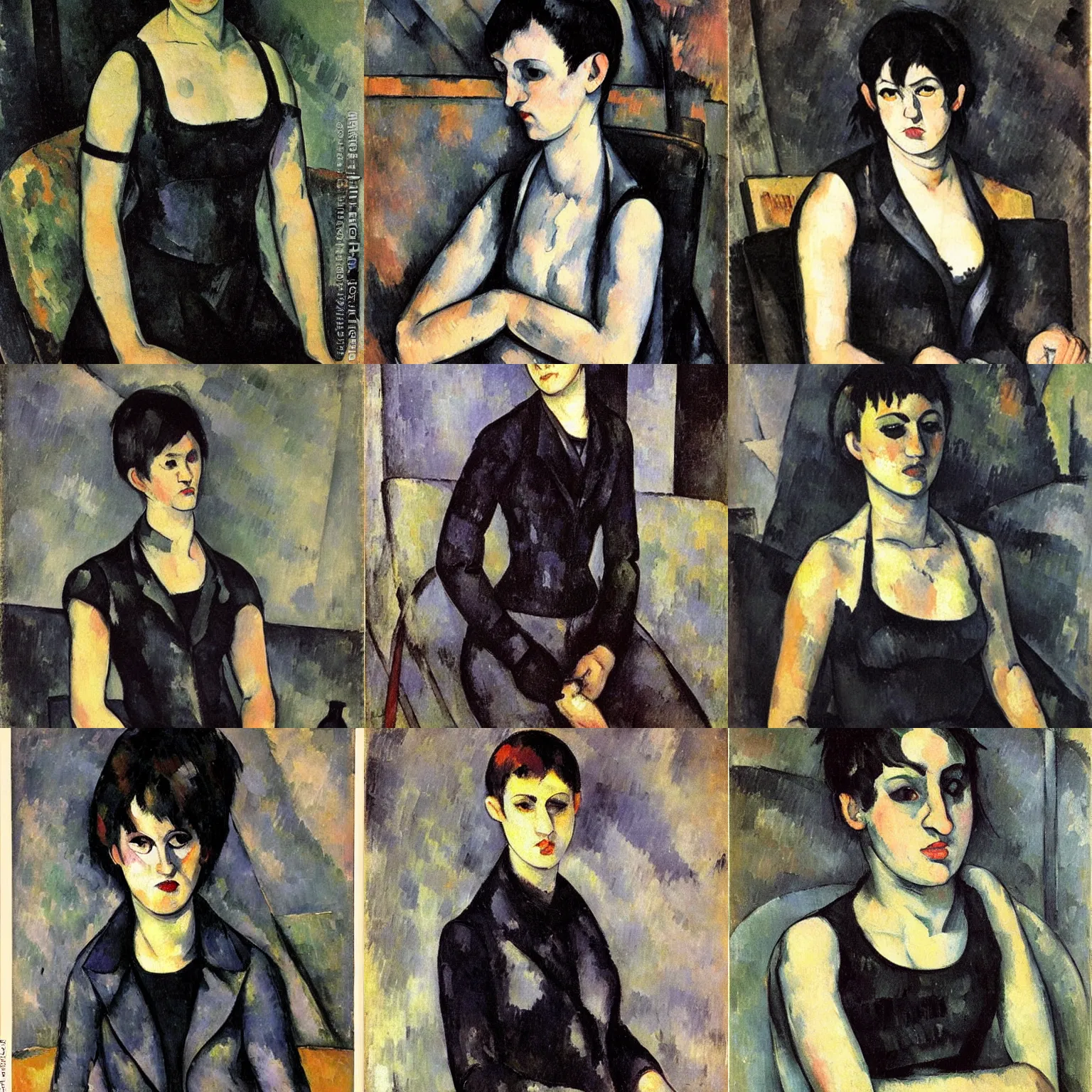 Prompt: an emo by paul cezanne. her hair is dark brown and cut into a short, messy pixie cut. she has large entirely - black evil eyes. she is wearing a black tank top, a black leather jacket, a black knee - length skirt, a black choker, and black leather boots.