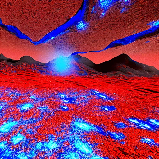 Prompt: a strange alien landscape, realistic, rocky, red and blue, blue particles, strange red particles, strange, alien - style, realistic, landscape, depth, movie lightning, realistic epic shaders, landscape