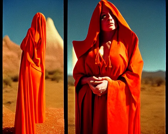 Image similar to by bruce davidson, by andrew boog faithfull redscale photography evocative. a mystical woman in scarlet robes, conical hot in front of a desert mesa.