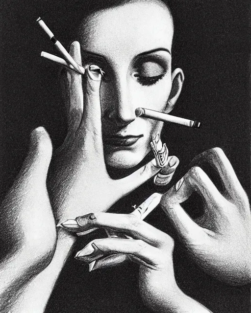 Image similar to drawing lesson, acurate, real, elegant female hand, holding a cigarette with her fingers, elegant up to the elbow, only five fingers, separated, elegant, neat nails, fotorealism, advertisement for a crossover salon, style by Maurits Cornelis Escher, 8k,