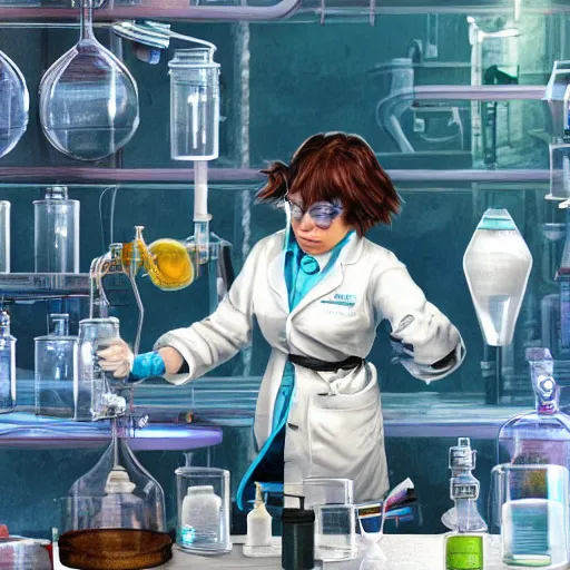 Image similar to mouse in a lab coat performing a chemistry experiment, in a cluttered lab, lots of beakers, illustration, cyberpunk, sci - fi fantasy, intricate, elegant, highly detailed, digital painting, artstation, concept art