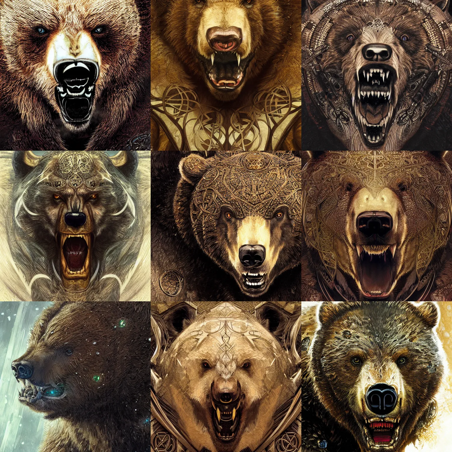 Prompt: portrait close - up of a growling angry bear, symetry, marvel comics, intricate, celtic glowing symbols, illustration, aleksi briclot, rutkowski, alfons mucha